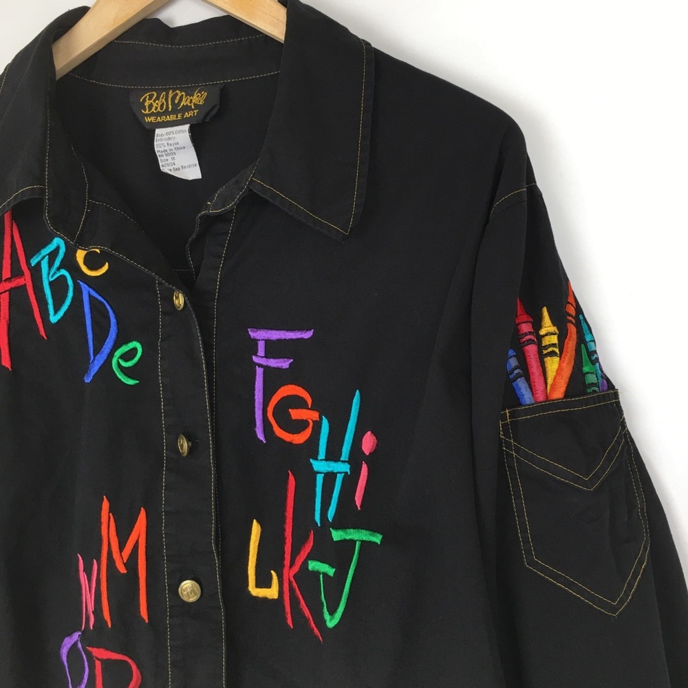 Vintage Bob Mackie Wearable Art Women’s ButtonUp Shirt Embroidered Alphabet Rare